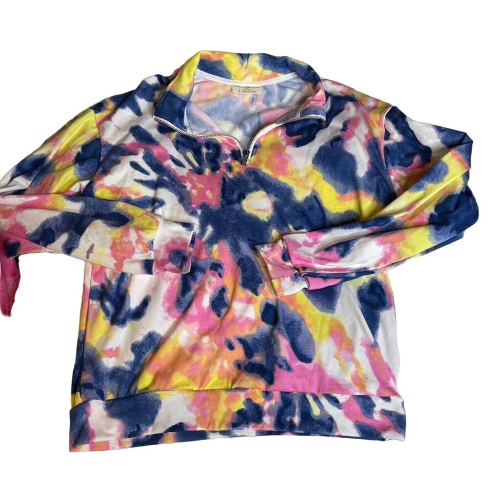 Bobbie Brooks Tie Dye Quarter Zip Pullover Sweatshirt Pink Yellow Blue‎ S